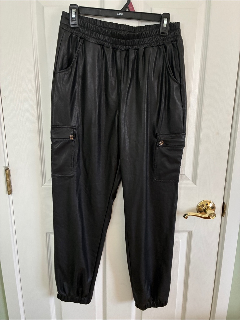 Haute Monday Black Faux Leather Jogger Cargo Pants with Elastic Waist